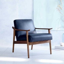 Navy Leather Mid-Century Armchair